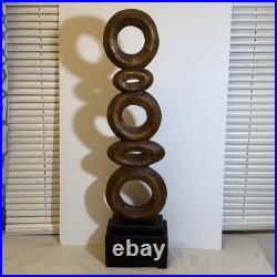 Mid Century Modern Abstract Wood Hand Carved Wood Circular Totem Sculpture 28
