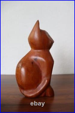 Mid Century Modern Art Hand Carved Wood Cat Sculpture Atomic Mod