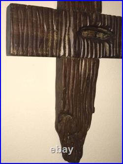 Mid Century Modern Brutalist Hand Crafted Original Cross Wood Carving Wall Art