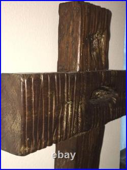 Mid Century Modern Brutalist Hand Crafted Original Cross Wood Carving Wall Art