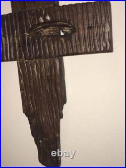 Mid Century Modern Brutalist Hand Crafted Original Cross Wood Carving Wall Art