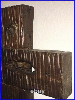 Mid Century Modern Brutalist Hand Crafted Original Cross Wood Carving Wall Art