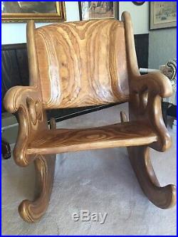 Mid Century Modern Carved Oak Wood Sculpture Rocking Chair