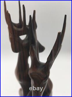 Mid Century Modern Wood Gazelle Deers Sculpture Hand Carved Modernist