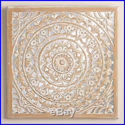 Mirrored Square Medallion Wall Sculpture Plaque Art, Hand Carved Mango Wood