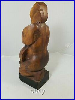 Modernist Wood Carved Cello Player, Musician Statue Sculpture Signed Modern Art