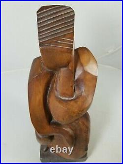 Modernist Wood Carved Cello Player, Musician Statue Sculpture Signed Modern Art