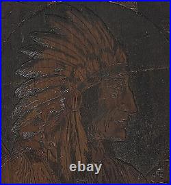 NATIVE AMERICAN INDIAN CHIEF FLEMISH ART PYROGRAPHY WOOD PLAQUE Antique