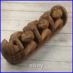 Nacius Joseph Art Six Boat People Hand-Carved Mahogany Wood Sculpture