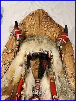 Native American Warrior Mask Mounted On Wood Arrowhead