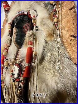 Native American Warrior Mask Mounted On Wood Arrowhead