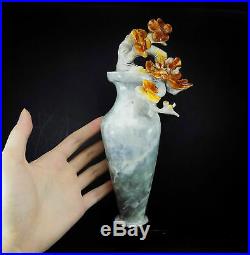 Natural Jade Statue sculpture Hand Carved 0.96KG plum flower&vase#wood base#bs69