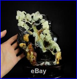Natural Jade Statue sculpture Hand Carved 1.53KG bird&vase&orchid#wood base#bs56