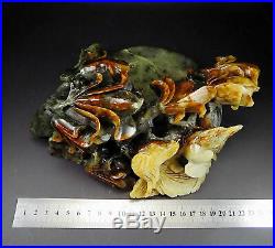 Natural Jade Statue sculpture Hand Carved 2.16KG orchid&bird&moon#wood base#bs41