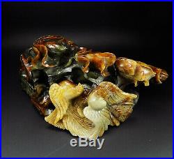 Natural Jade Statue sculpture Hand Carved 2.16KG orchid&bird&moon#wood base#bs41