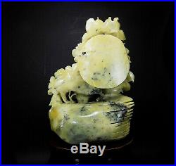 Natural Jade Statue sculpture Hand Carved 2.28KG peony flower#wood base#bs094