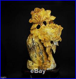 Natural Jade Statue sculpture Hand Carved 2.37KG peony flower#wood base#bs72