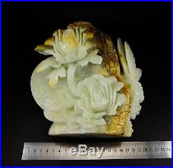 Natural Jade Statue sculpture Hand Carved 3.7KG butterfly&flower#wood base#bs067