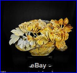 Natural Jade Statue sculpture Hand Carved 4KG basket&peonyflower#wood base#bs68