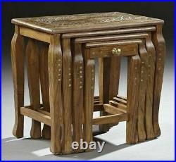 Nest Of 4 Hand Carved Indian Shesham Wood Tables Side Coffee Tables