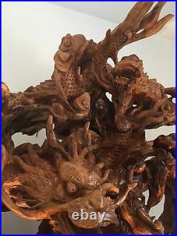 Nine Dragons Playing Pearl Wood Carving, Only One