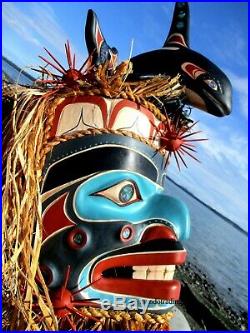 Northwest Coast First Nation native wood Art carved Komokwa and Whale sculpture