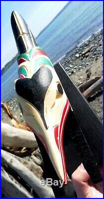 Northwest coast First Nations native wood Art carved Hummingbird Sculpture, base