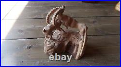 OUTSIDER ART Snow Leopard Ibex Hunting Wood Carving Sculpture 5 x 5 x 3 Inches