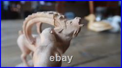 OUTSIDER ART Snow Leopard Ibex Hunting Wood Carving Sculpture 5 x 5 x 3 Inches
