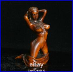 Old Chinese Boxwood Wood Hand Carving Art Nude Beauty Belle Statue Sculpture