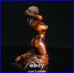 Old Chinese Boxwood Wood Hand Carving Art Nude Beauty Belle Statue Sculpture