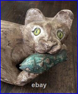 Old Vintage Outsider ART Glass Eye Cat Wood Carving FOLK ART Old Vintage Outsider ART Glass Eye Cat Wood Carving FOLK ART