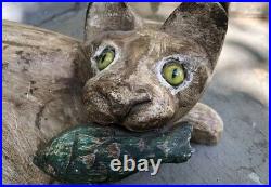 Old Vintage Outsider ART Glass Eye Cat Wood Carving FOLK ART Old Vintage Outsider ART Glass Eye Cat Wood Carving FOLK ART