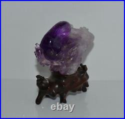 Old or Antique Chinese Carved Amethyst Bird Figure Wood Stand Carving