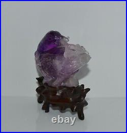 Old or Antique Chinese Carved Amethyst Bird Figure Wood Stand Carving