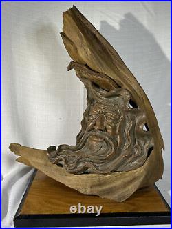 One Of A Kind Wood Spirit Carving Vintage Face Sculpture Folk Art Tree Wizard