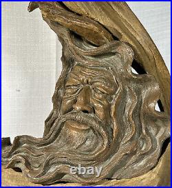 One Of A Kind Wood Spirit Carving Vintage Face Sculpture Folk Art Tree Wizard