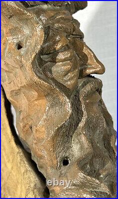 One Of A Kind Wood Spirit Carving Vintage Face Sculpture Folk Art Tree Wizard