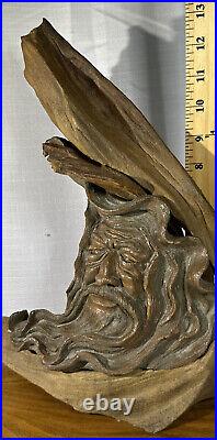 One Of A Kind Wood Spirit Carving Vintage Face Sculpture Folk Art Tree Wizard