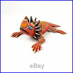 Orange Horned Lizard Oaxacan Alebrije Wood Carving Mexican Folk Art Sculpture