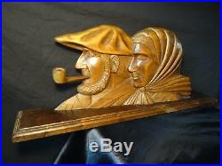 Original Antique French Carved Wood Man & Pipe With Wife Shelf Sculpture Signed