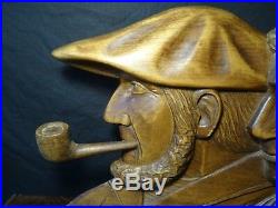 Original Antique French Carved Wood Man & Pipe With Wife Shelf Sculpture Signed