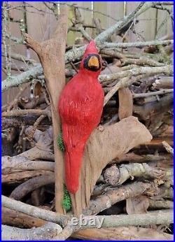 Original Hand Carved Wooden Red Cardinal on Driftwood Artist Signed -Solid Cedar