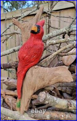 Original Hand Carved Wooden Red Cardinal on Driftwood Artist Signed -Solid Cedar