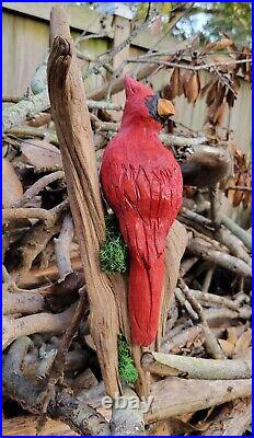 Original Hand Carved Wooden Red Cardinal on Driftwood Artist Signed -Solid Cedar