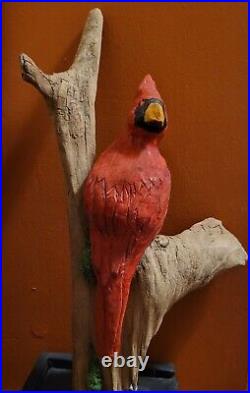 Original Hand Carved Wooden Red Cardinal on Driftwood Artist Signed -Solid Cedar