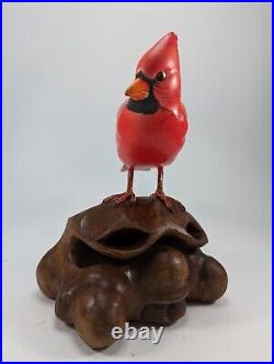 Original Red Cardinal Wood Carving Statue Signed by Artist Nengah Sudasana