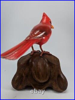 Original Red Cardinal Wood Carving Statue Signed by Artist Nengah Sudasana