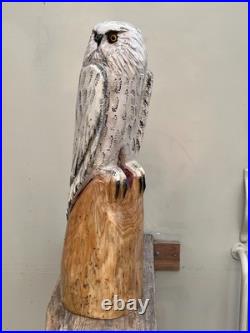 Owl White Snow Bird Cedar Totem Pole Chainsaw Carving Sculpture Decor Wood
