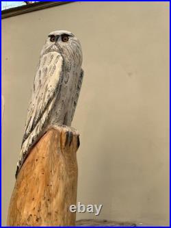 Owl White Snow Bird Cedar Totem Pole Chainsaw Carving Sculpture Decor Wood